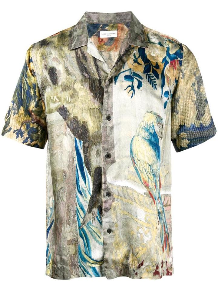 Dries Van Noten Silk Printed Bowling Shirt, Men's, Size: 52, Green, Viscose