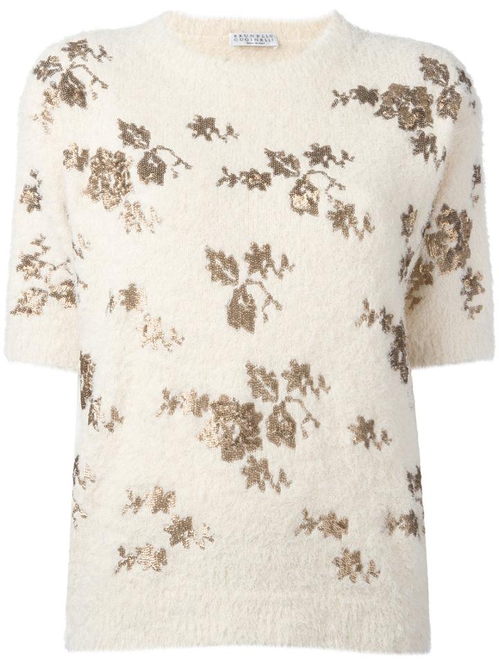 Brunello Cucinelli Sequin Patch Top, Women's, Size: Large, Nude/neutrals, Cotton/polyamide/polyester