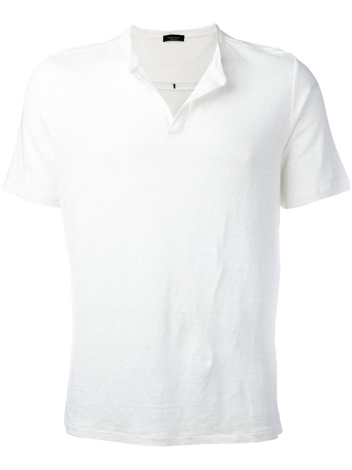 Roberto Collina Open Neck T-shirt, Men's, Size: 50, White, Linen/flax/spandex/elastane