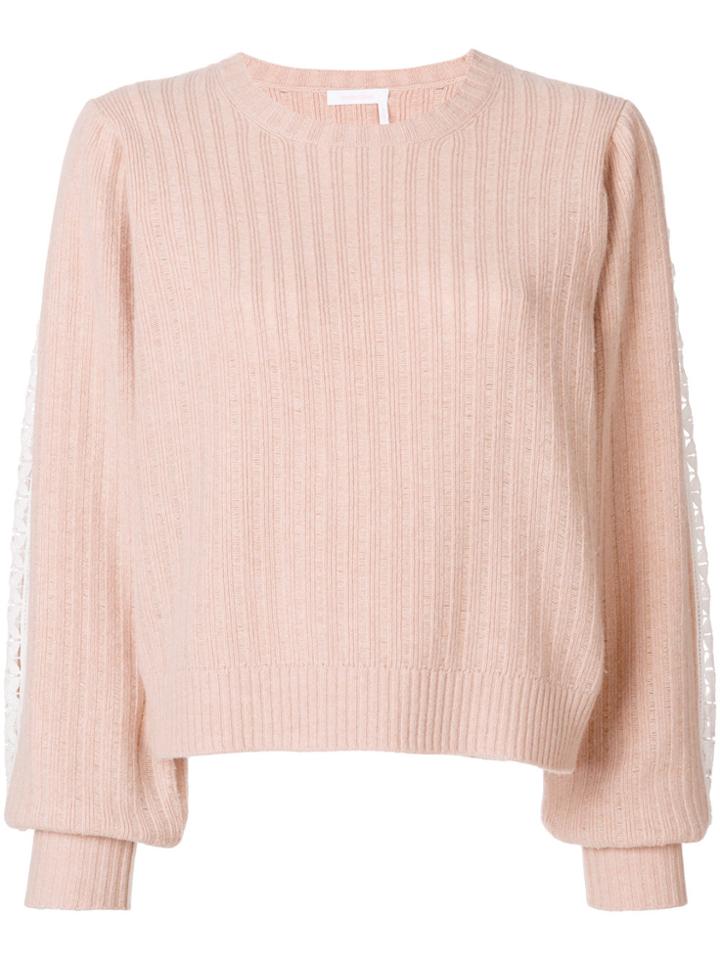 See By Chloé Lace Panel Cropped Sweater - Nude & Neutrals