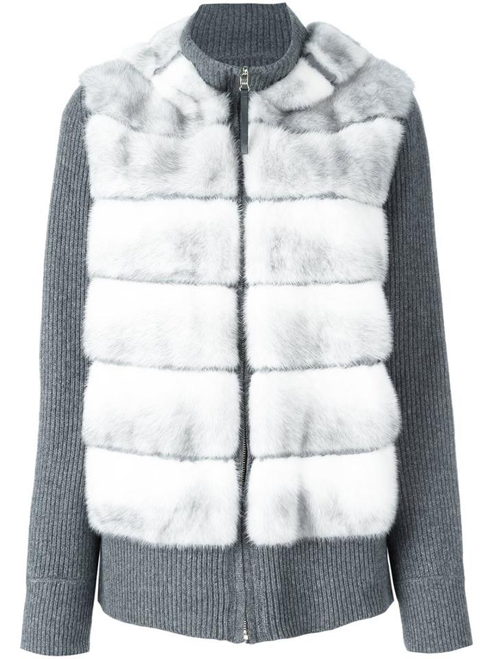 Liska Cashmere Panel Zip-up Cardigan, Women's, Size: Medium, Grey, Mink Fur/cashmere