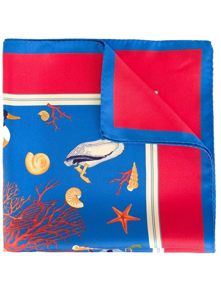 Kiton Coral Print Pocket Square, Men's, Blue, Silk