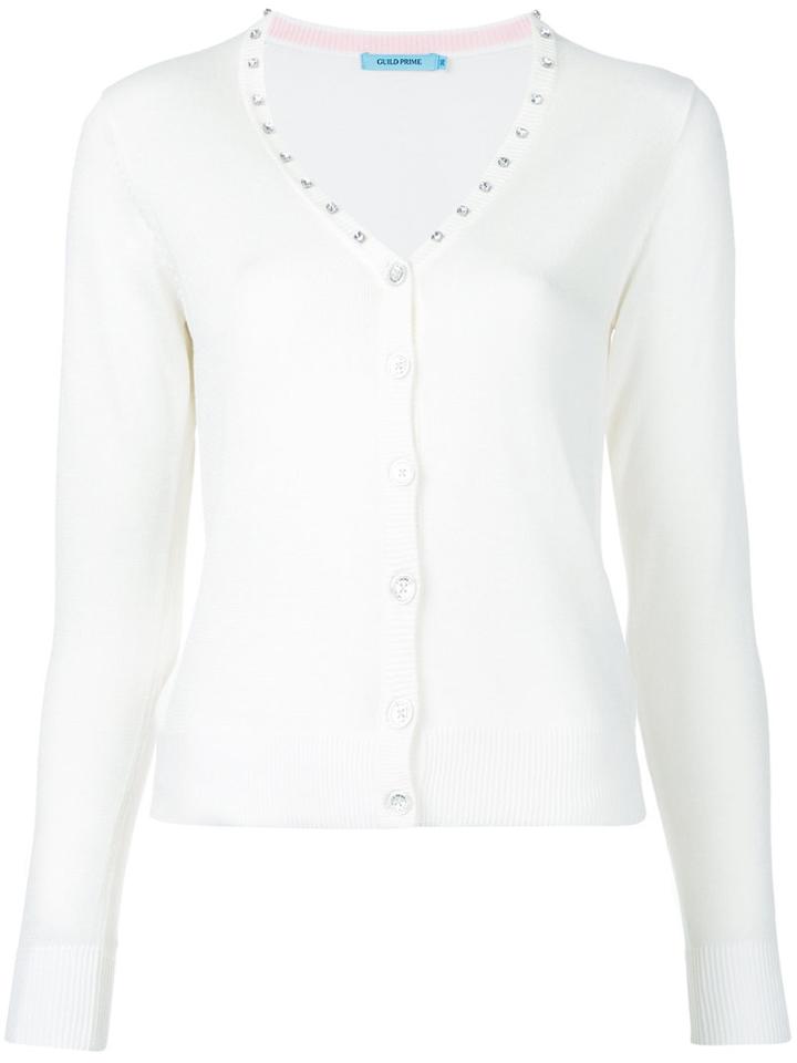 Guild Prime - Diamanté Studded V-neck Cardigan - Women - Acrylic/rayon - 34, White, Acrylic/rayon