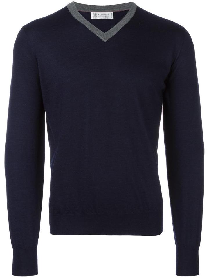 Brunello Cucinelli Classic V Neck Sweatshirt, Men's, Size: 54, Blue, Virgin Wool/cashmere