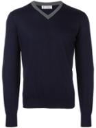 Brunello Cucinelli Classic V Neck Sweatshirt, Men's, Size: 54, Blue, Virgin Wool/cashmere