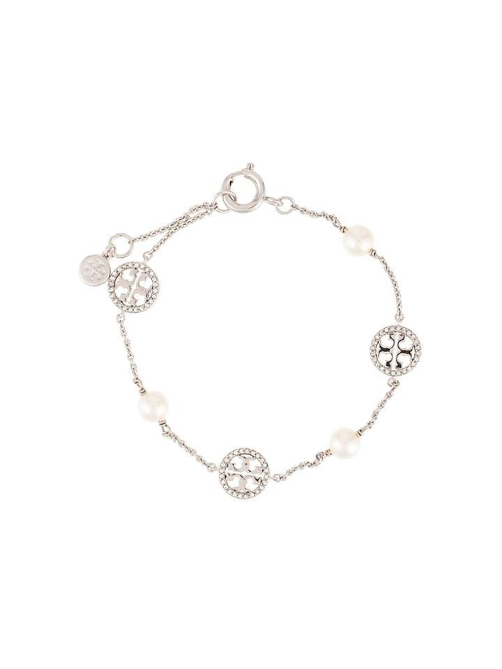 Tory Burch Crystal Pearl Logo Bracelet - Silver
