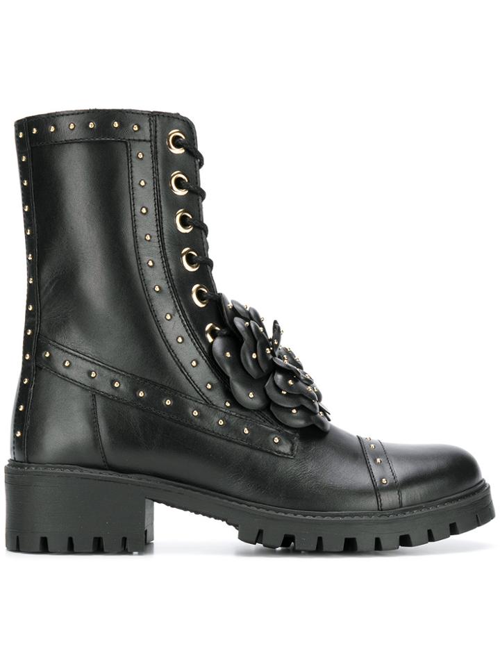 Twin-set Floral Appliqué Studded Boots - Black