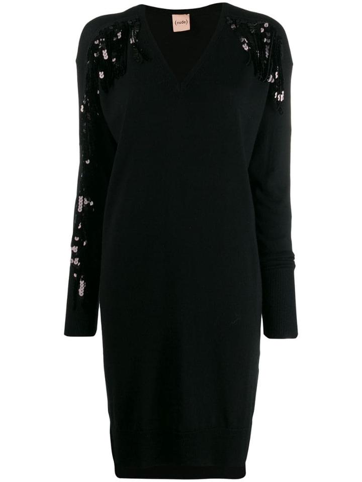 Nude Embellished Sleeve Sweater Dress - Black