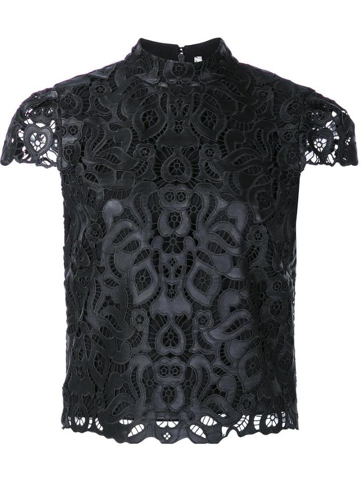 Alice+olivia High Neck Shortsleeved Blouse, Women's, Size: 10, Black, Polyester/polyurethane