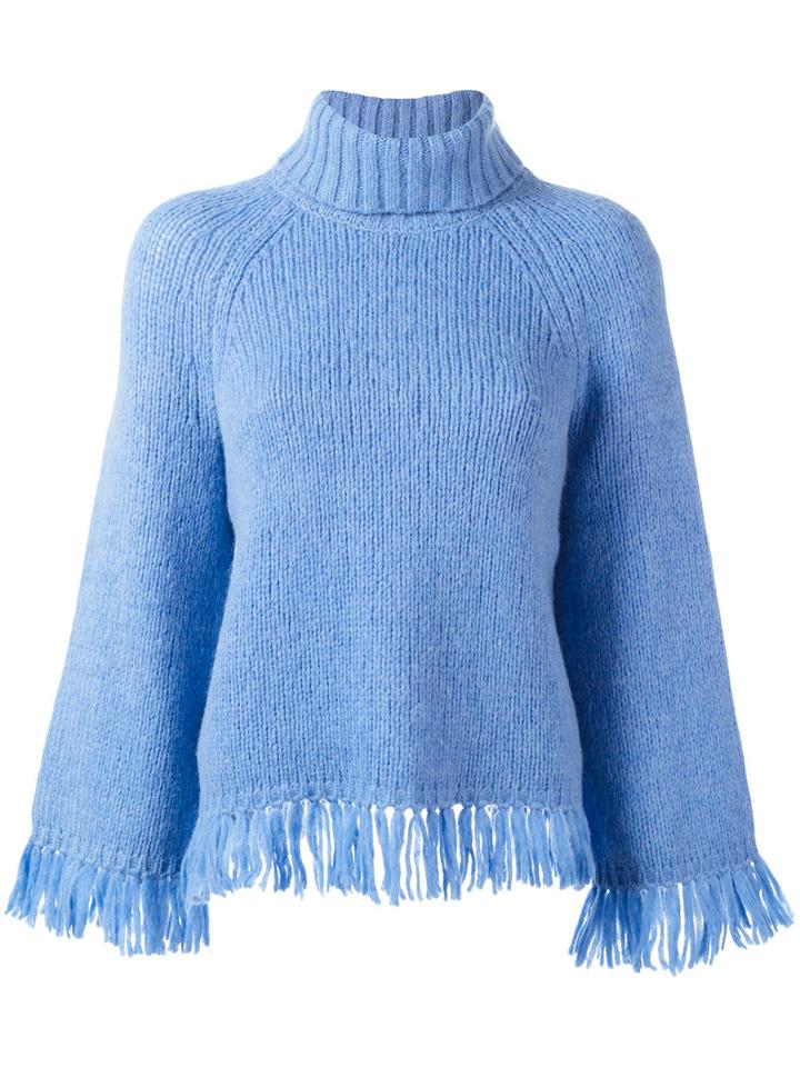 Tory Burch Turtleneck Fringed Jumper, Women's, Size: Xs, Blue, Polyimide/alpaca/wool