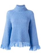 Tory Burch Turtleneck Fringed Jumper, Women's, Size: Xs, Blue, Polyimide/alpaca/wool