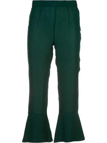 Piamita - 'pandora' Flare Hem Cropped Trousers - Women - Silk/spandex/elastane - L, Green, Silk/spandex/elastane