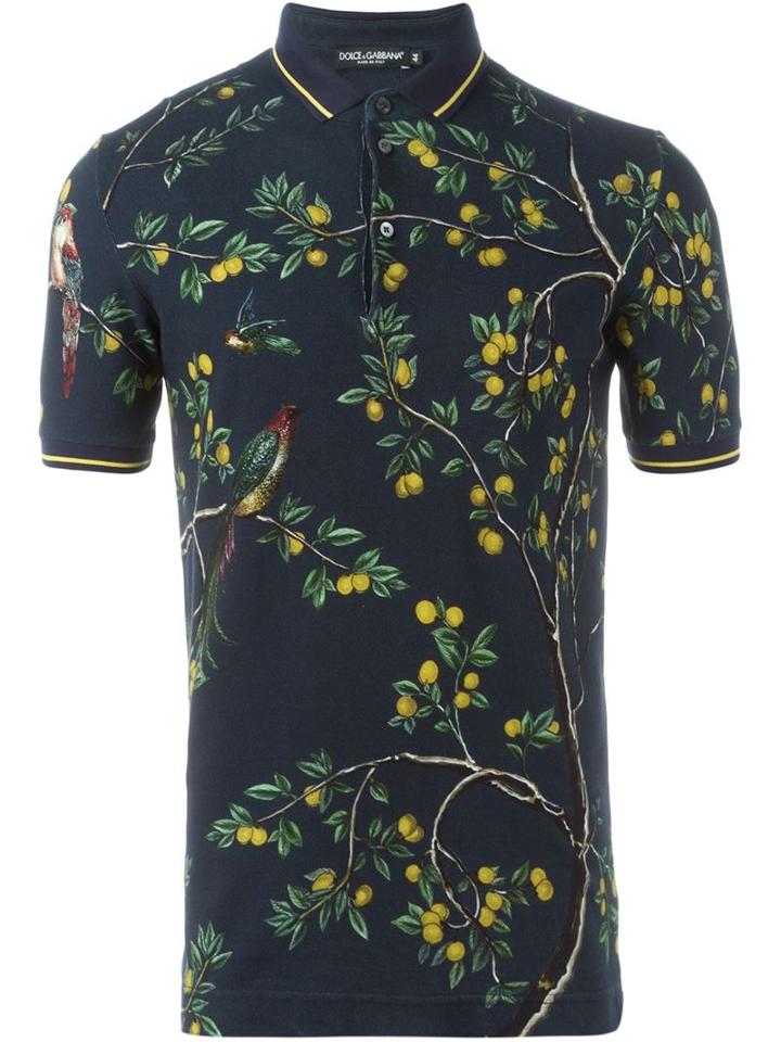 Dolce & Gabbana Bird Print Polo Shirt, Men's, Size: 44, Blue, Cotton/calf Leather