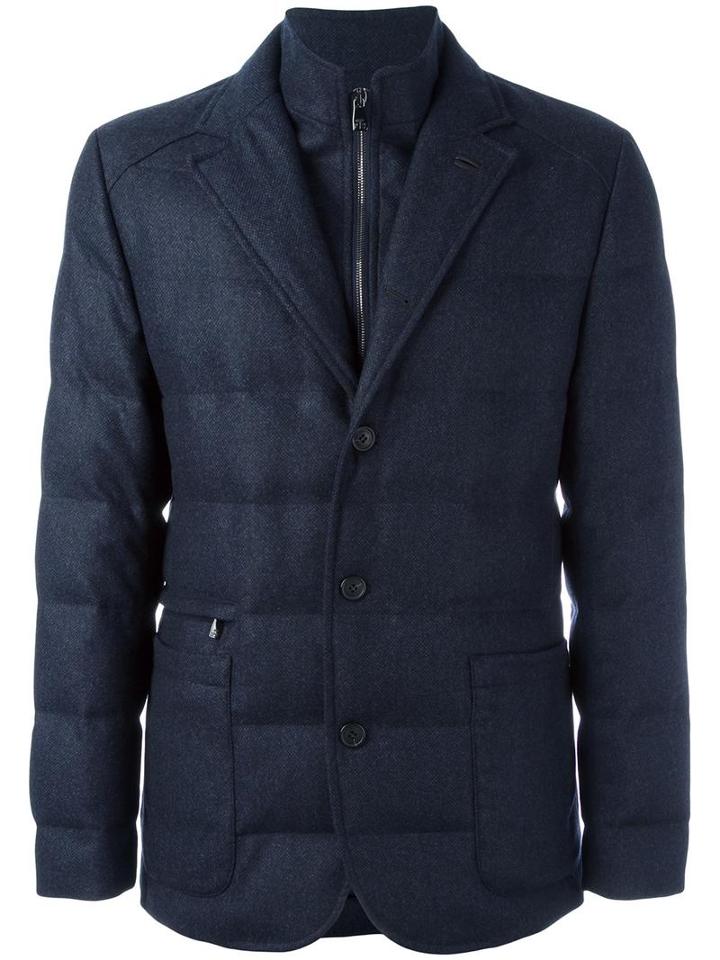 Corneliani Zip Up Padded Jacket, Men's, Size: 52, Blue, Feather Down/leather/polyester/virgin Wool