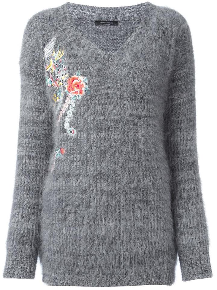 Roberto Collina Floral Embroidery Jumper, Women's, Size: Medium, Grey, Angora/nylon