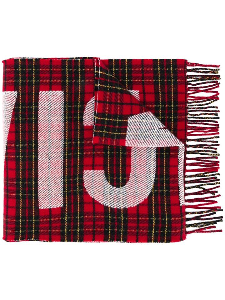 Balenciaga Printed Logo Tartan Scarf - Red