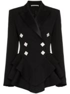 Alessandra Rich Ruffle Crystal Button Wool Tuxedo Jacket - Black