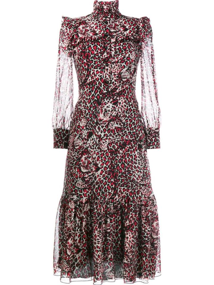 Saint Laurent Tiger Print Ruffle Dress, Women's, Size: 38, Red, Silk