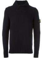 Stone Island Ribbed Shawl Collar Sweater, Men's, Size: Medium, Blue, Polyester/wool