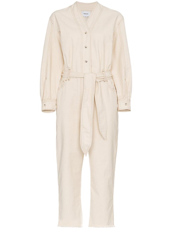 Nanushka Prya V-neck Tie Waist Cotton Jumpsuit - Nude & Neutrals