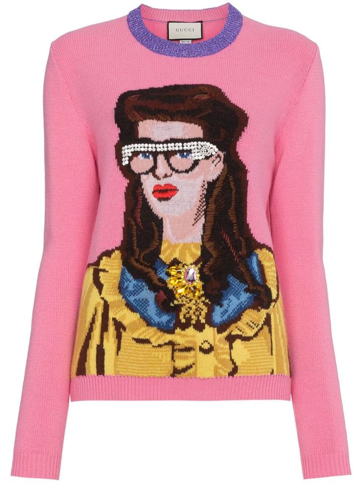 Gucci Crystal Embellished Woman Intarsia Wool Sweater - Pink