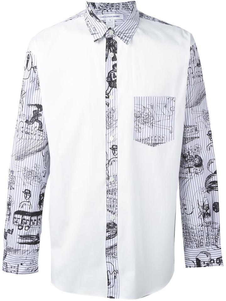 Comme Des Garçons Shirt Contrast Panel Printed Shirt, Men's, Size: Xl, White, Cotton