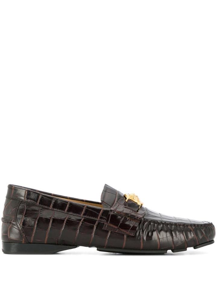 Versace Crocodile Effect Embossed Loafers - Brown