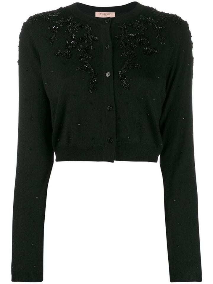 Twin-set Cropped Bead-embellished Cardigan - Black