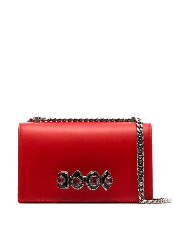 Alexander Mcqueen Red Jewelled Leather Satchel Bag