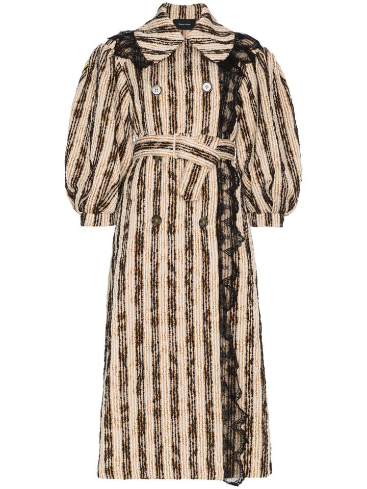 Simone Rocha Lace Trim Puff Sleeve Striped Cotton Blend Coat - Nude &