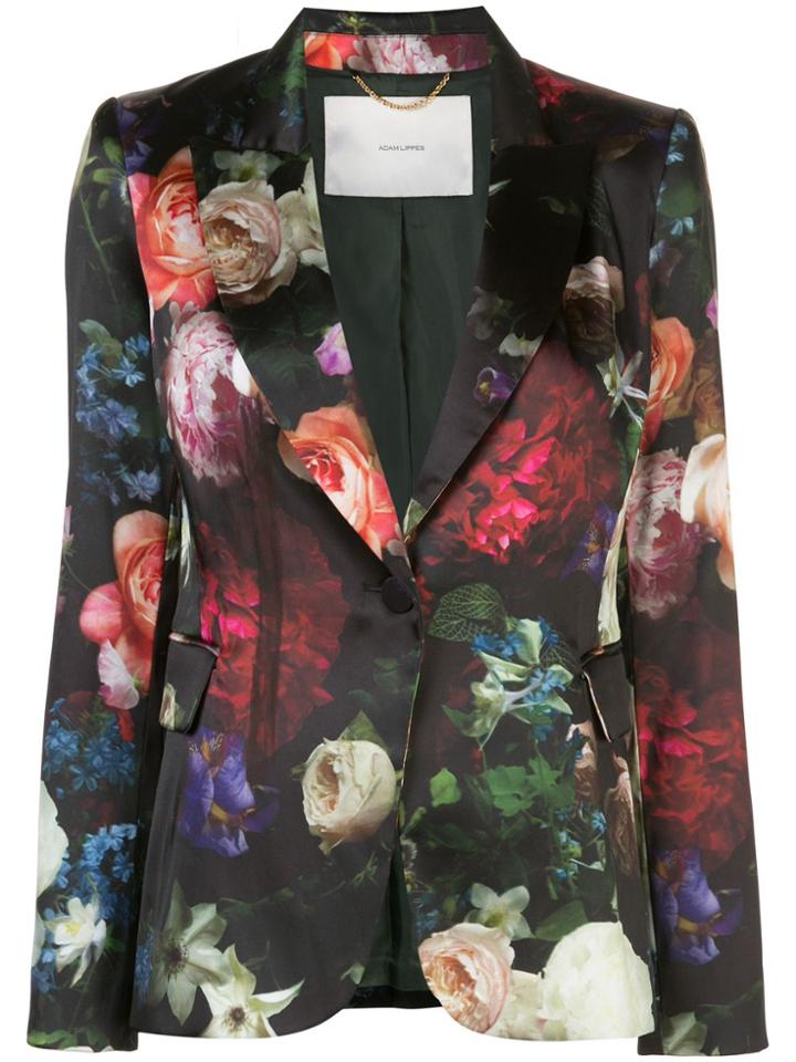 Adam Lippes Floral Print Satin Finish Blazer - Black