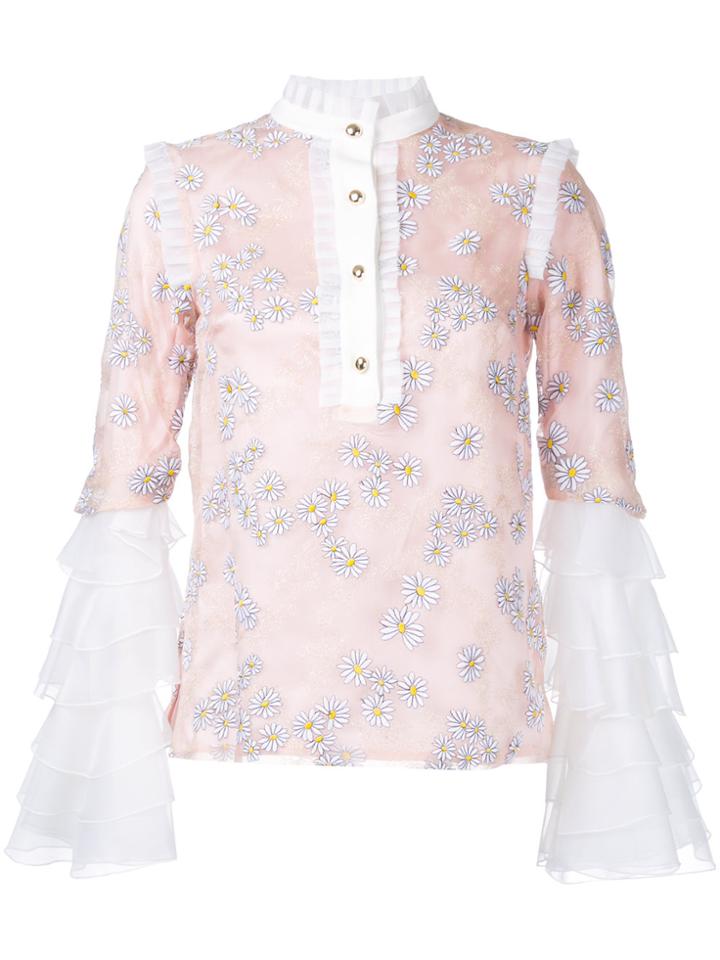 Macgraw Daisy Print Ruffled Blouse - Pink & Purple