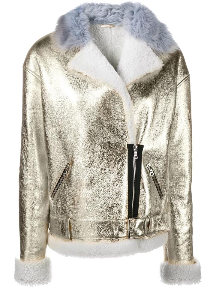 Sandy Liang 'gold Bowery' Biker Jacket, Women's, Size: 40, Grey, Leather/sheep Skin/shearling