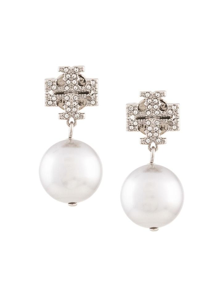 Tory Burch Crystal Logo Pearl Drop Earrings - Silver