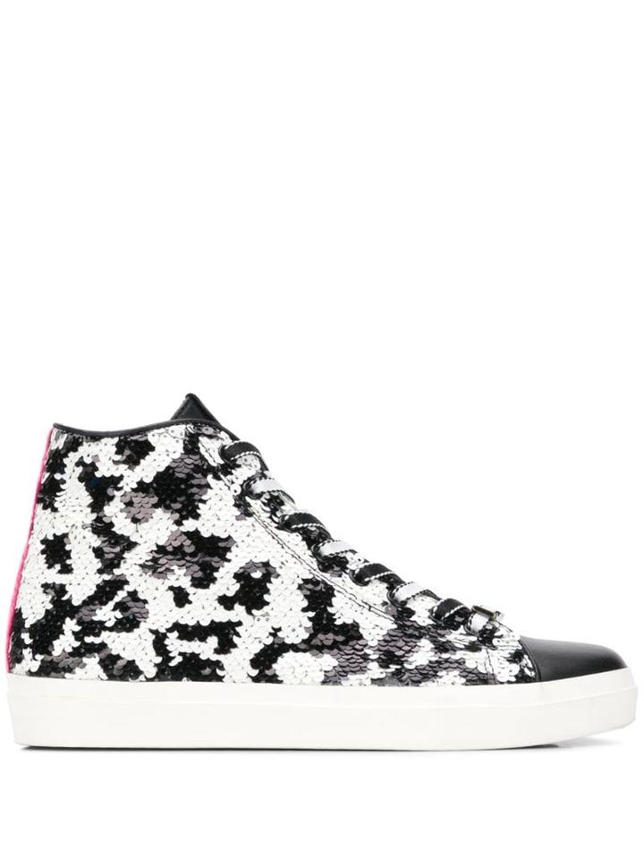Leather Crown Sequin Hi-top Sneakers - Black