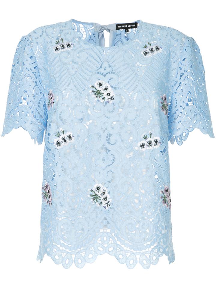 Markus Lupfer Embroidered Guipure Lace Tee - Blue