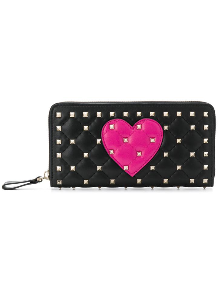 Valentino Quilted Rockstud Heart Zip Around Wallet - Black