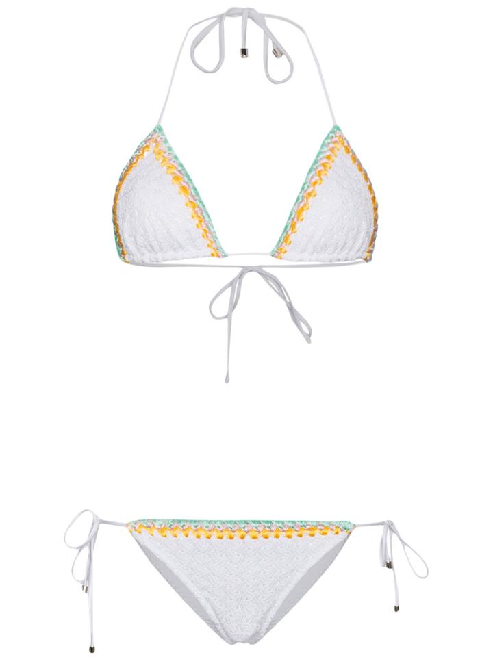 Missoni Crochet Triangle Bikini With Multicolour Trim - White