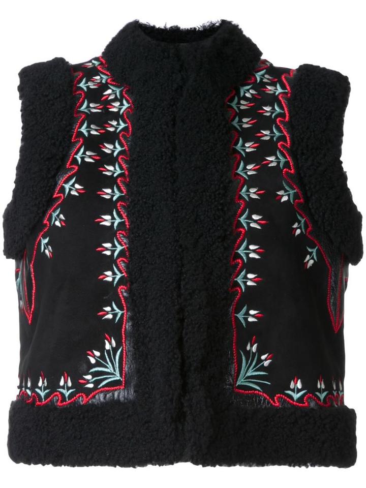 Vilshenko Embroidered Floral Panel Gilet, Women's, Size: 8, Black, Sheep Skin/shearling
