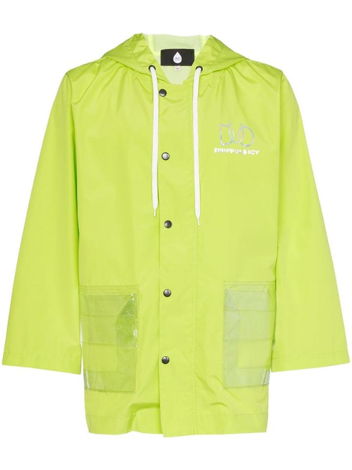 Duo Button-down Logo Print Hooded Raincoat - Yellow