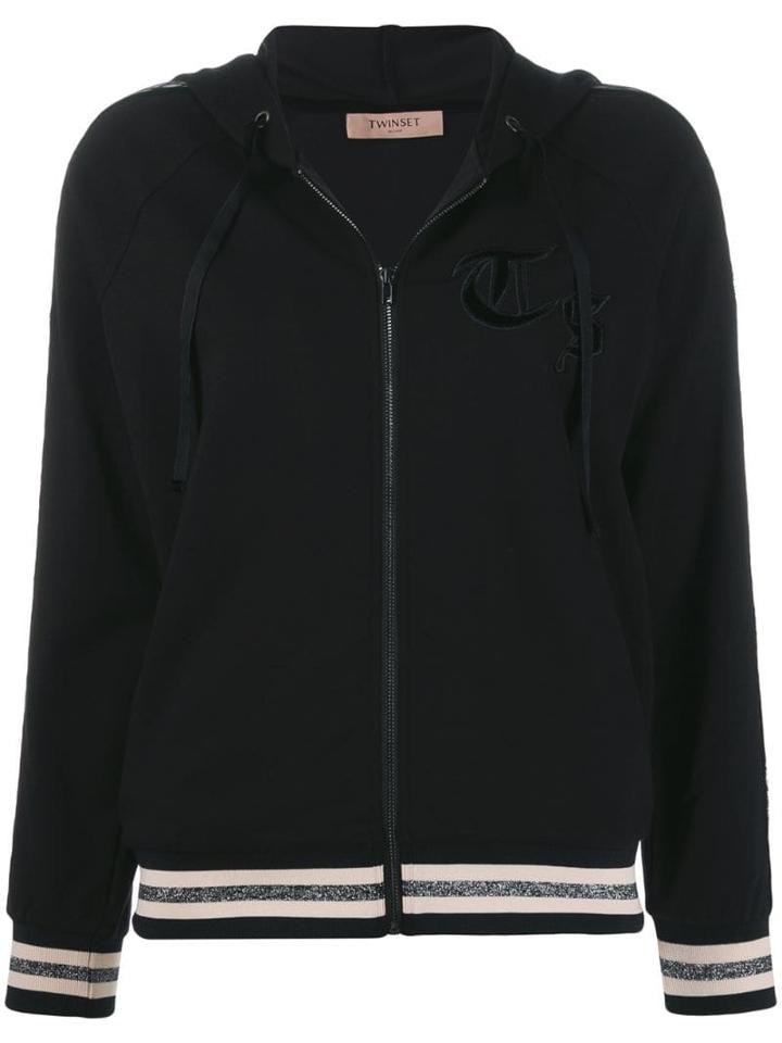 Twin-set Stripe Detail Zipped Hoodie - Black