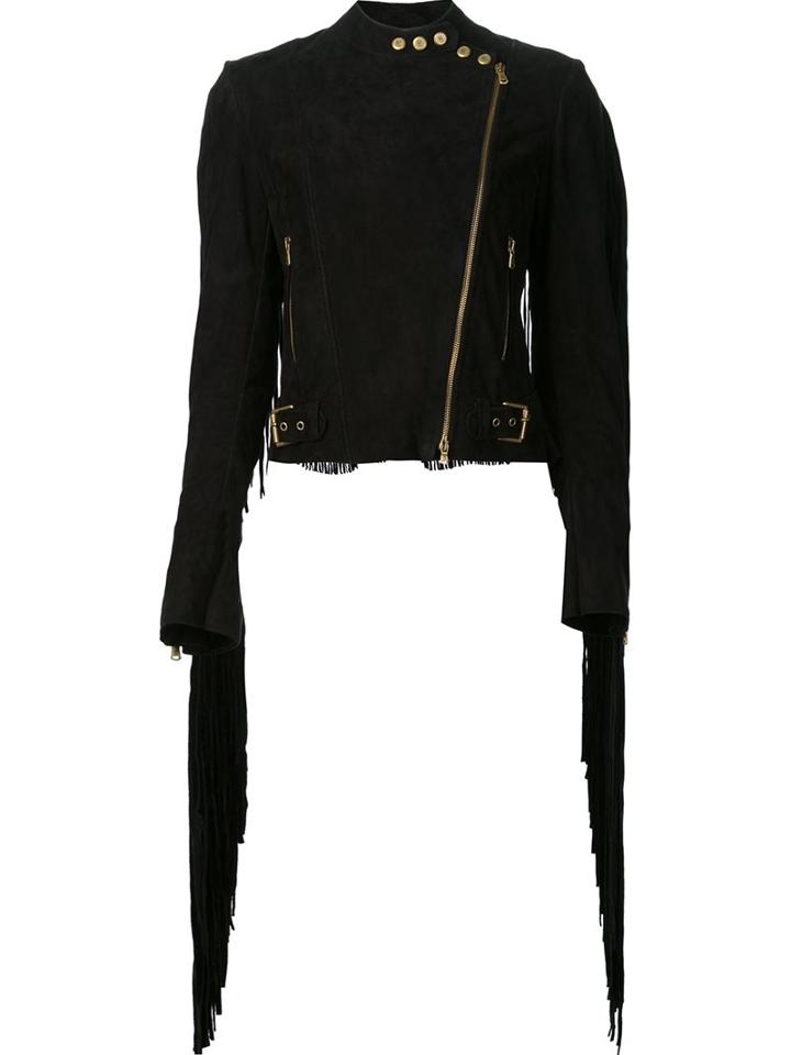 Ralph Lauren Fringed Biker Jacket, Women's, Size: 6, Black, Suede