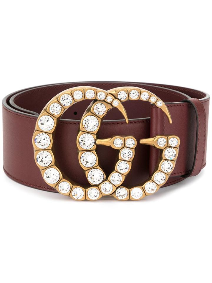 Gucci Leather Belt With Crystal Double G Buckle - Red