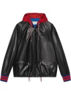 Gucci Leather Bomber Jacket With Nylon Hood - Black