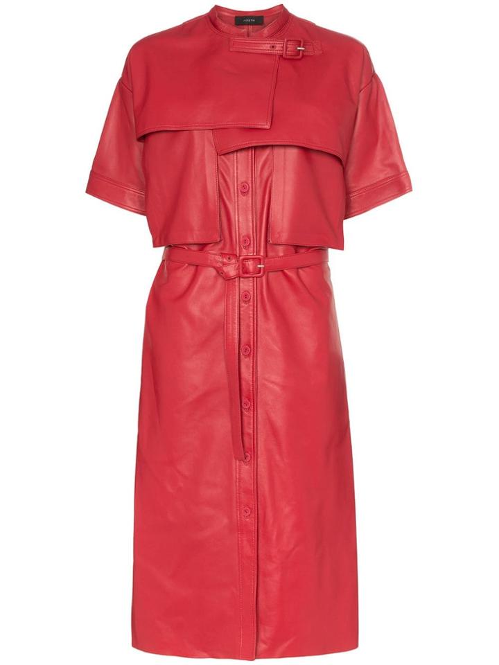 Joseph Riley Collarless Short-sleeved Leather Trench Coat - Red