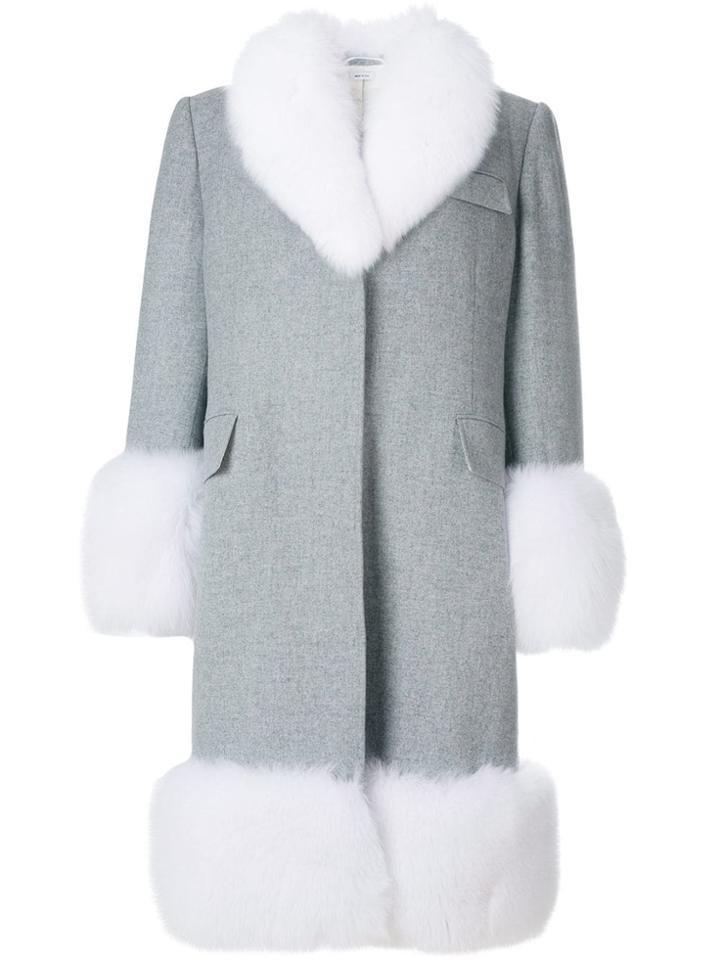 Thom Browne Oversized Flannel Chesterfield Coat With Fox Fur Trim -