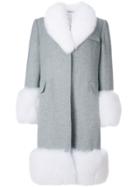 Thom Browne Oversized Flannel Chesterfield Coat With Fox Fur Trim -
