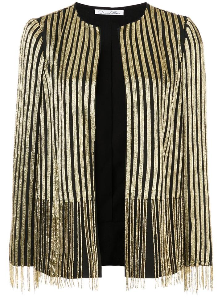 Oscar De La Renta Striped Print Fringed Jacket - Black