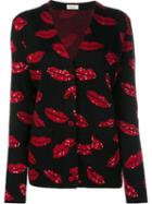 Saint Laurent Lip Print Cardigan, Women's, Size: Xs, Black, Acrylic/polyamide/mohair/wool