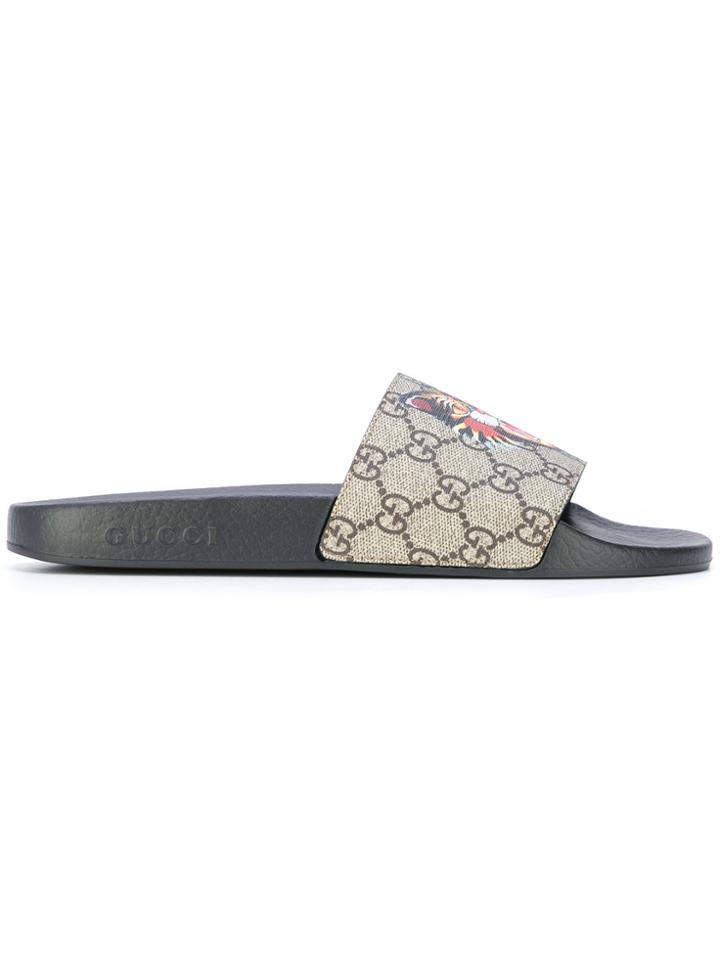 Gucci Gg Supreme Wild Cat Sliders - Brown